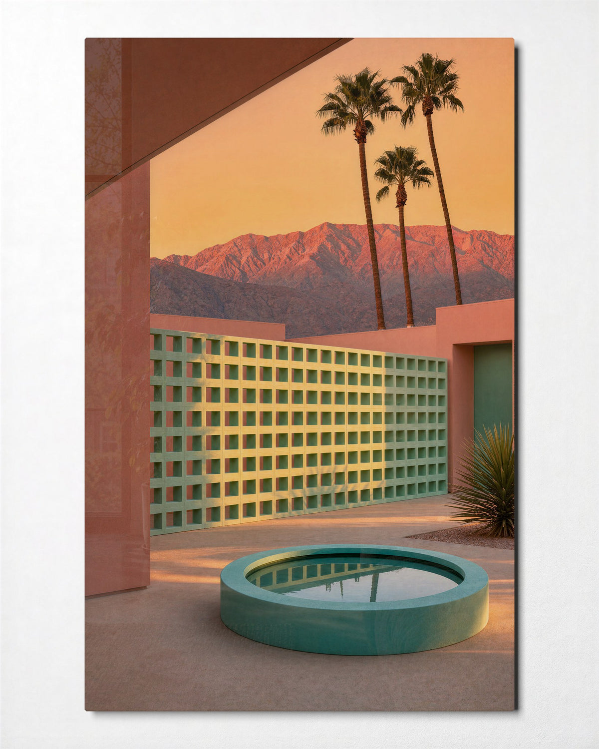 Salmon Courtyard glass wall art, front view
