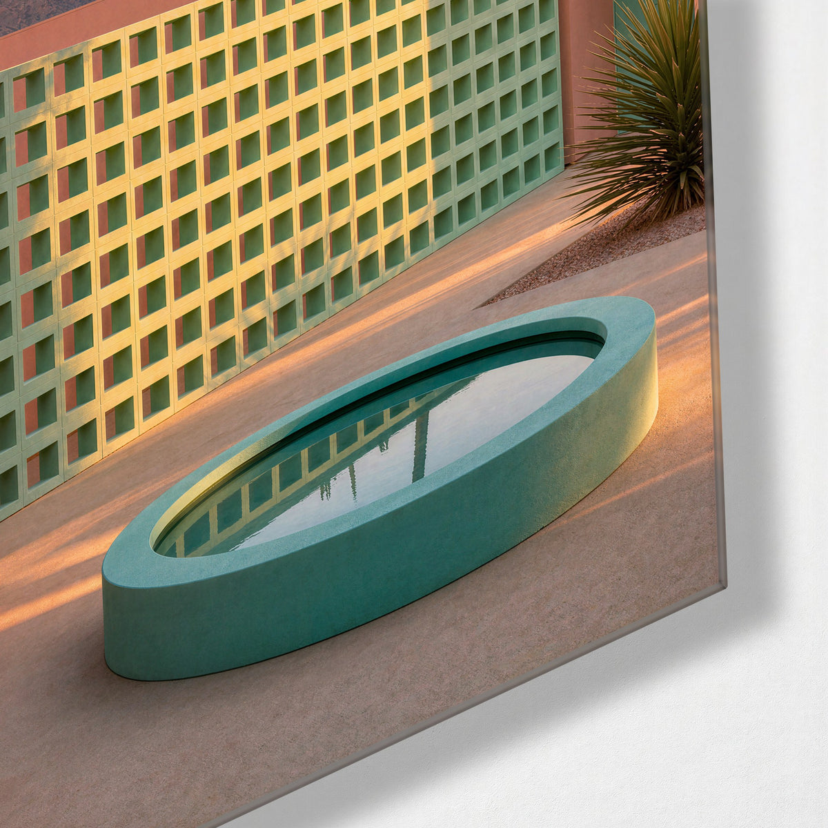 Salmon Courtyard glass wall art, corner view