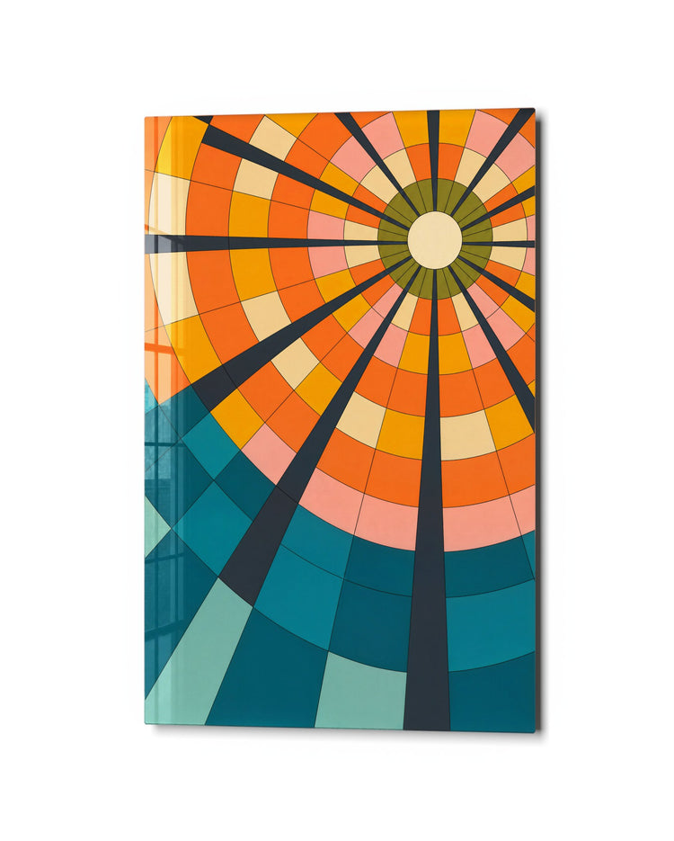 Orange Wheel Theory glass wall art, studio view