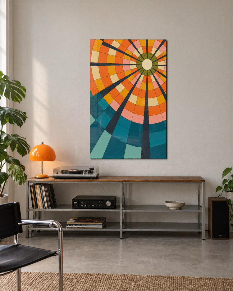 Orange Wheel Theory glass wall art, lifestyle view