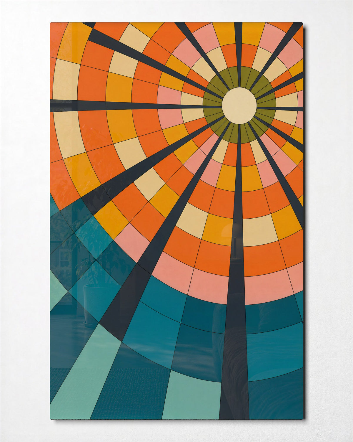 Orange Wheel Theory glass wall art, front view