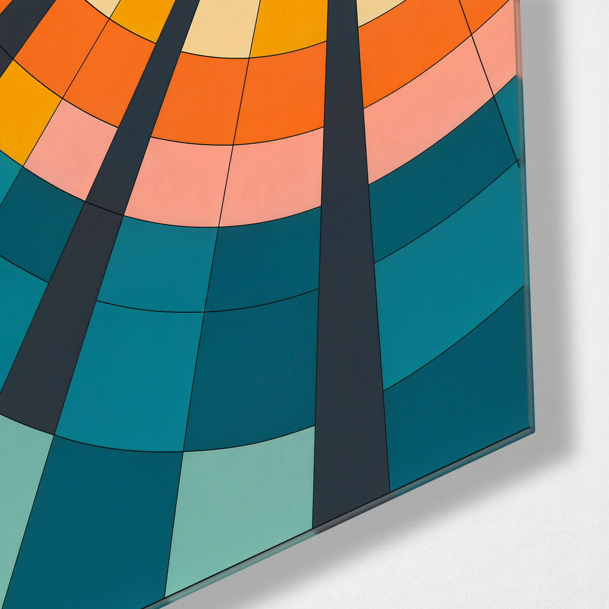 Orange Wheel Theory glass wall art, corner view