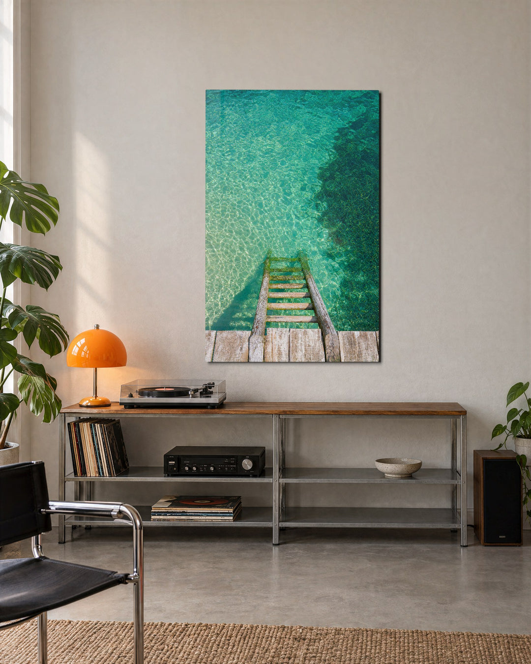 Wooden Rungs, Clear Water glass wall art, lifestyle view
