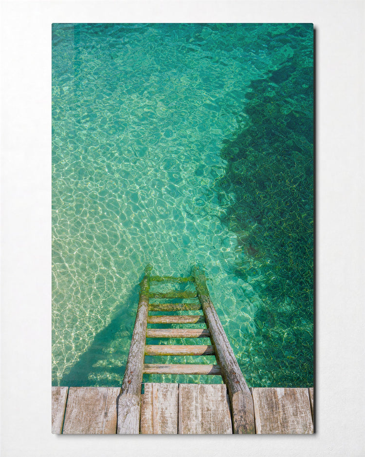 Wooden Rungs, Clear Water glass wall art, front view