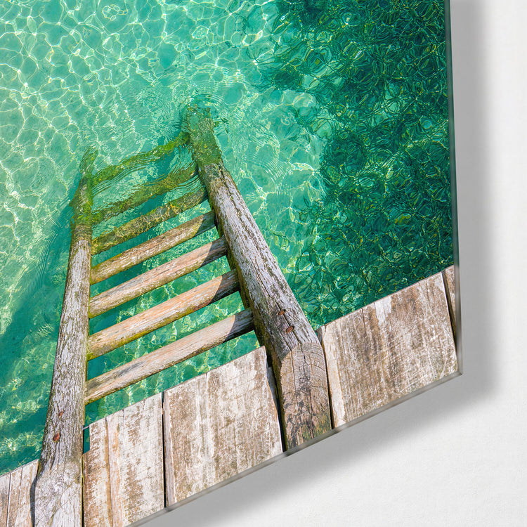 Wooden Rungs, Clear Water glass wall art, corner view