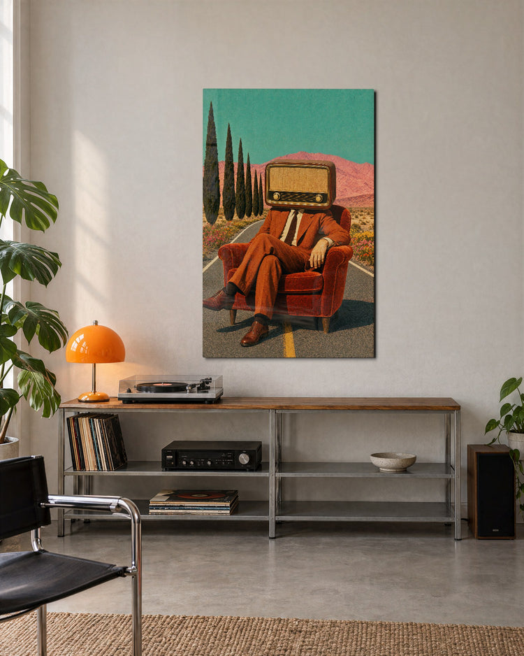 Radio Head Takes a Seat glass wall art, lifestyle view