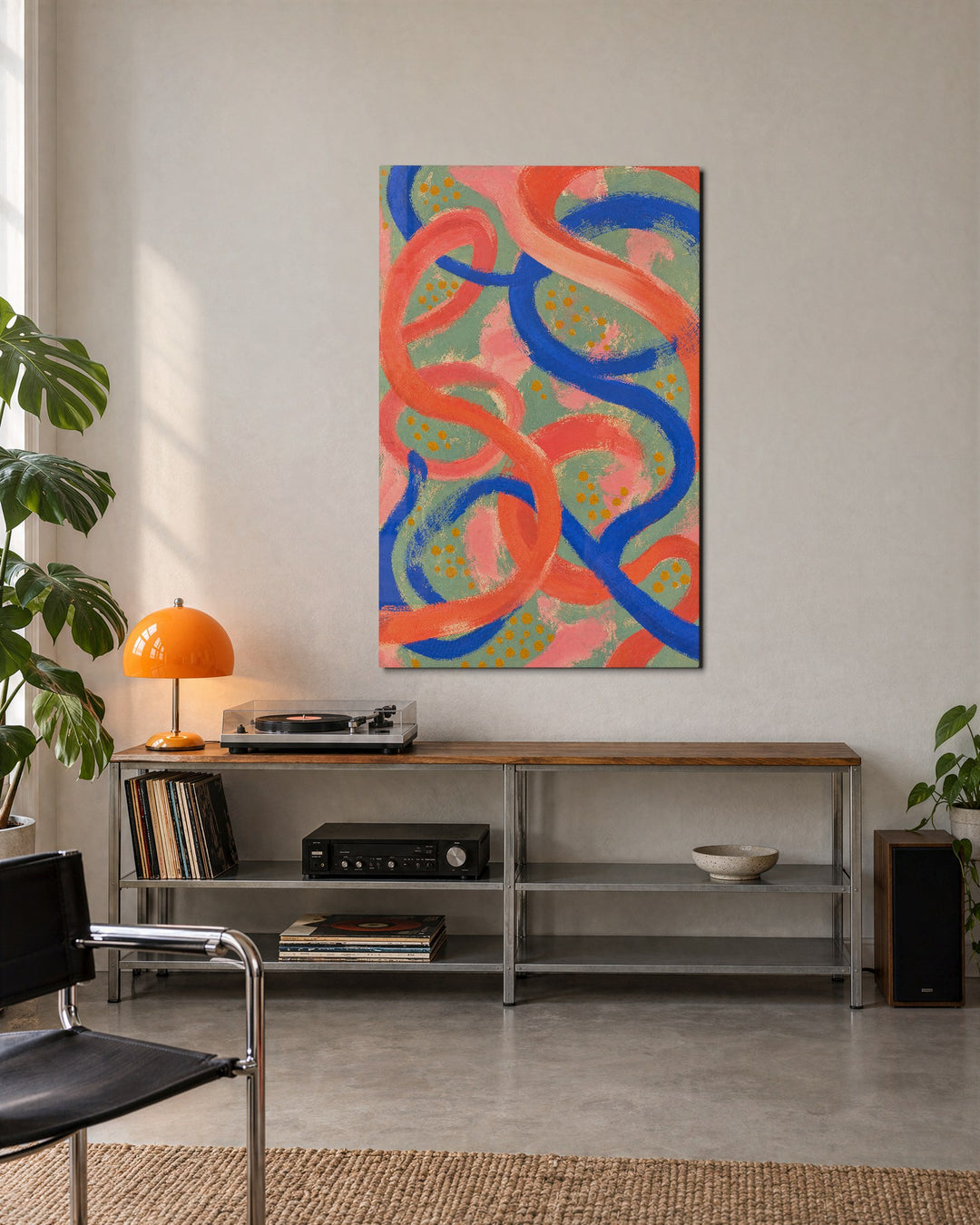 Dots and Swirls glass wall art, lifestyle view