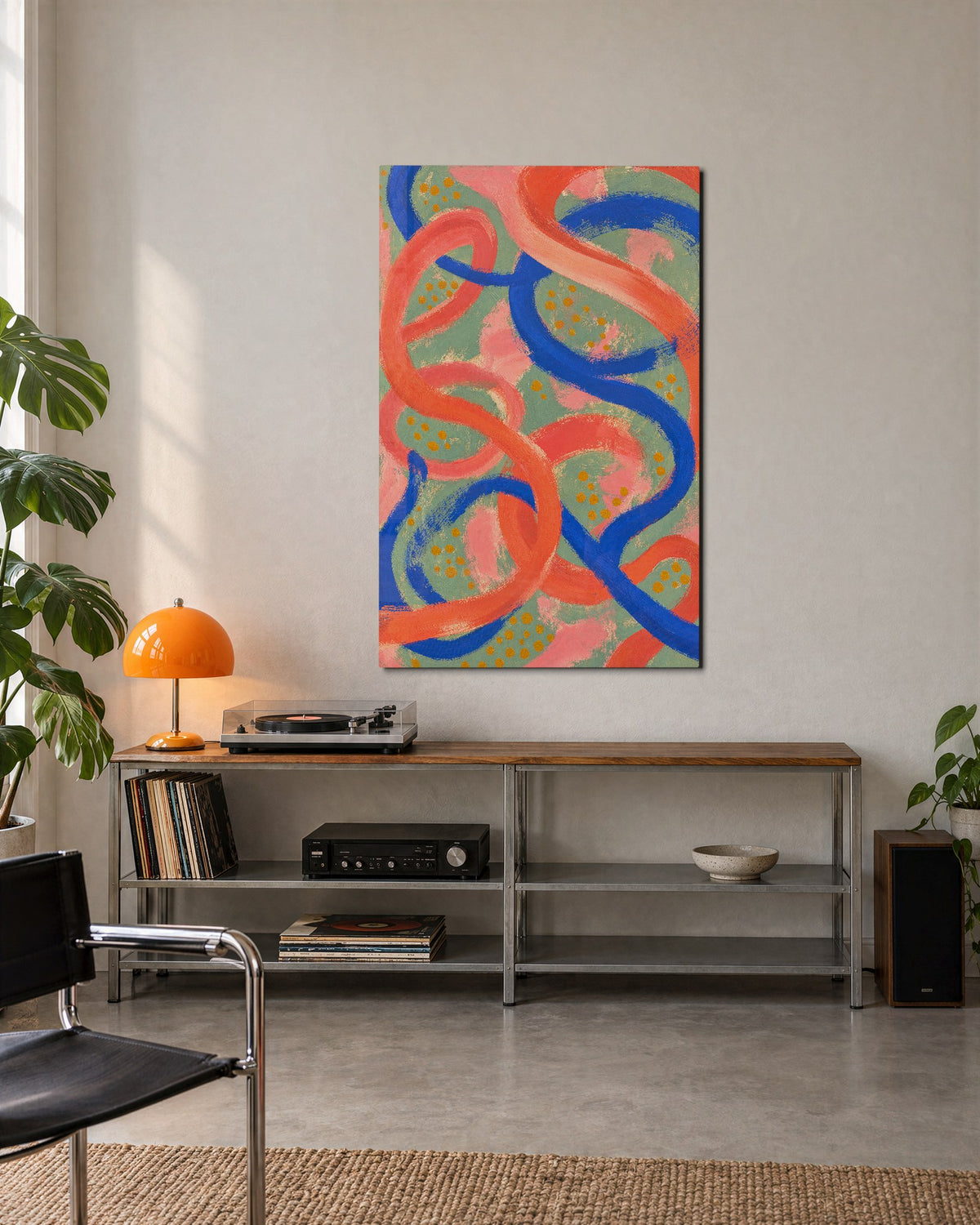 Dots and Swirls glass wall art, lifestyle view