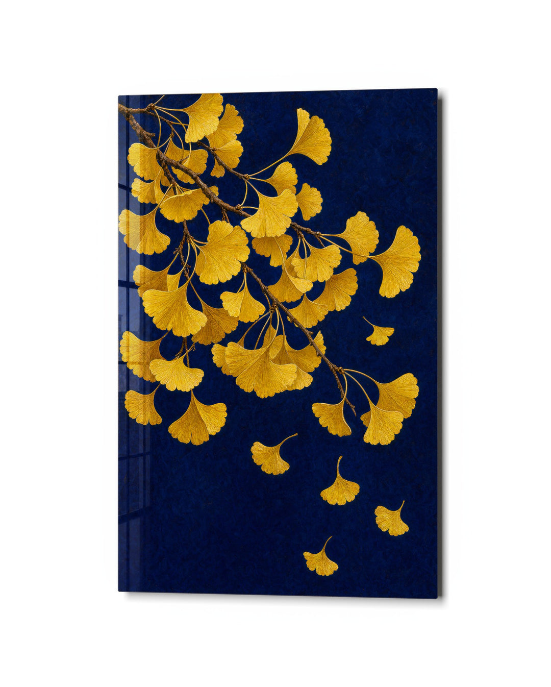 Ginkgo Fans Letting Go glass wall art, studio view