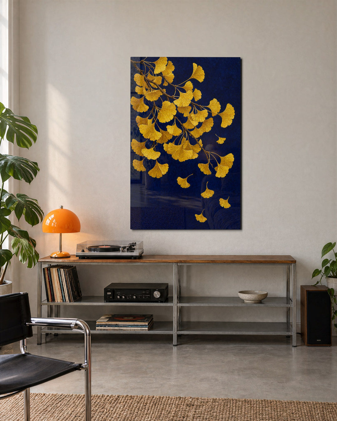 Ginkgo Fans Letting Go glass wall art, lifestyle view