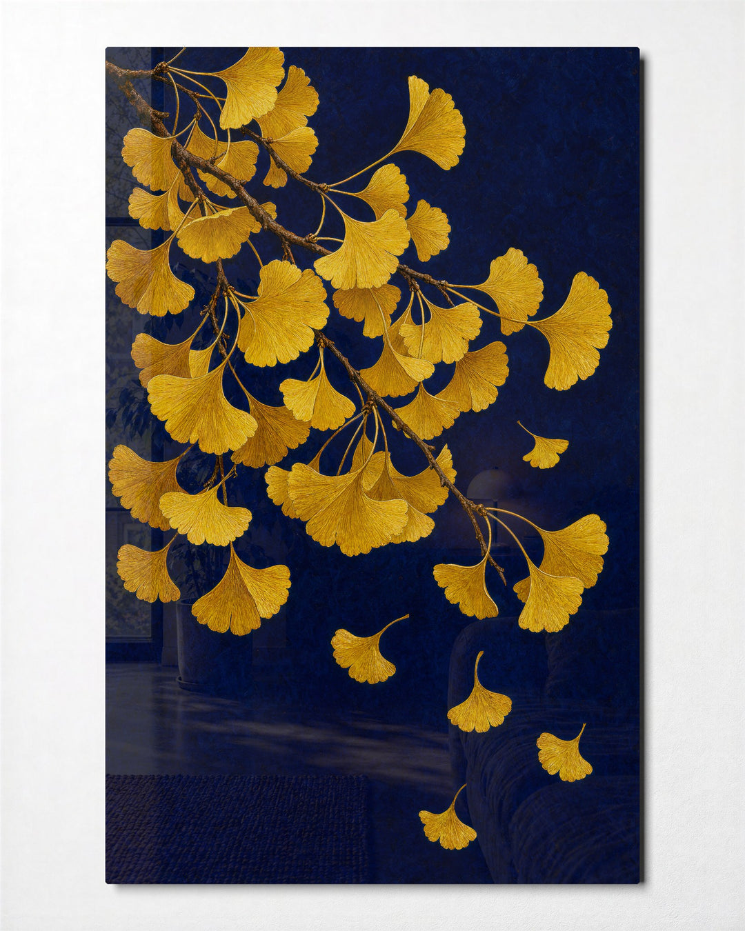 Ginkgo Fans Letting Go glass wall art, front view