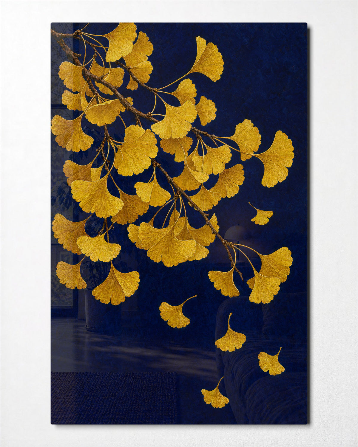 Ginkgo Fans Letting Go glass wall art, front view