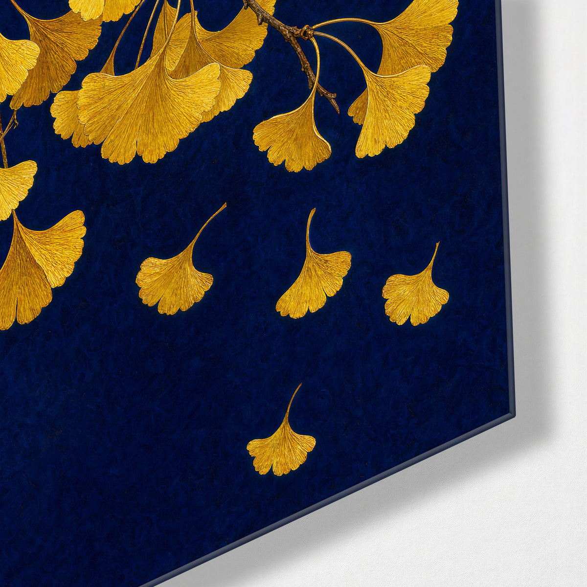 Ginkgo Fans Letting Go glass wall art, corner view