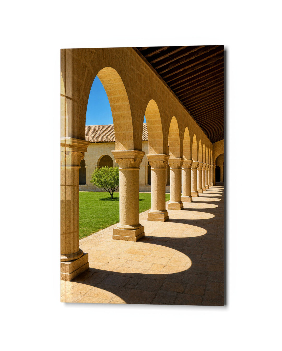 Round Shadows, Warm Walkway glass wall art, studio view