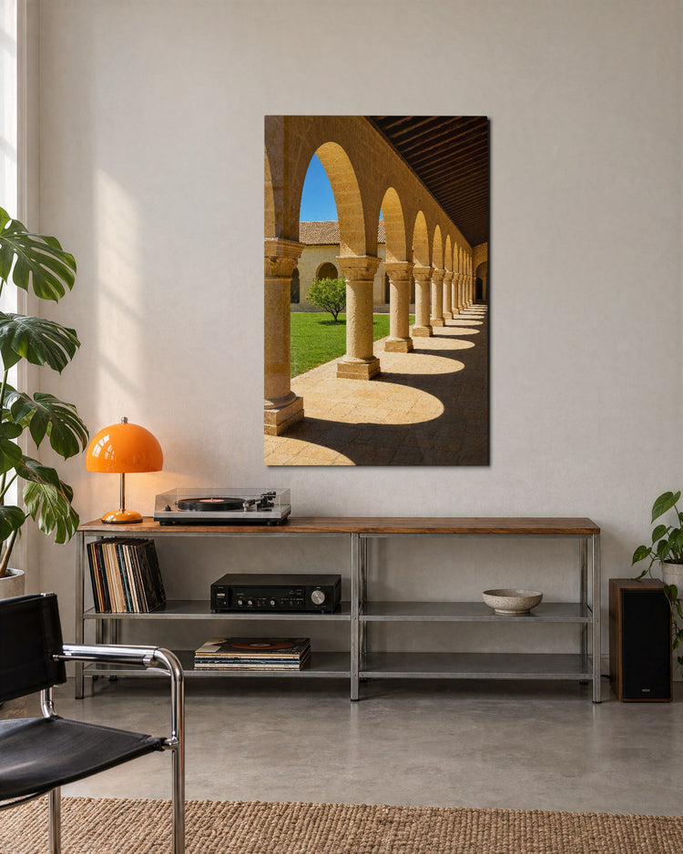 Round Shadows, Warm Walkway glass wall art, lifestyle view