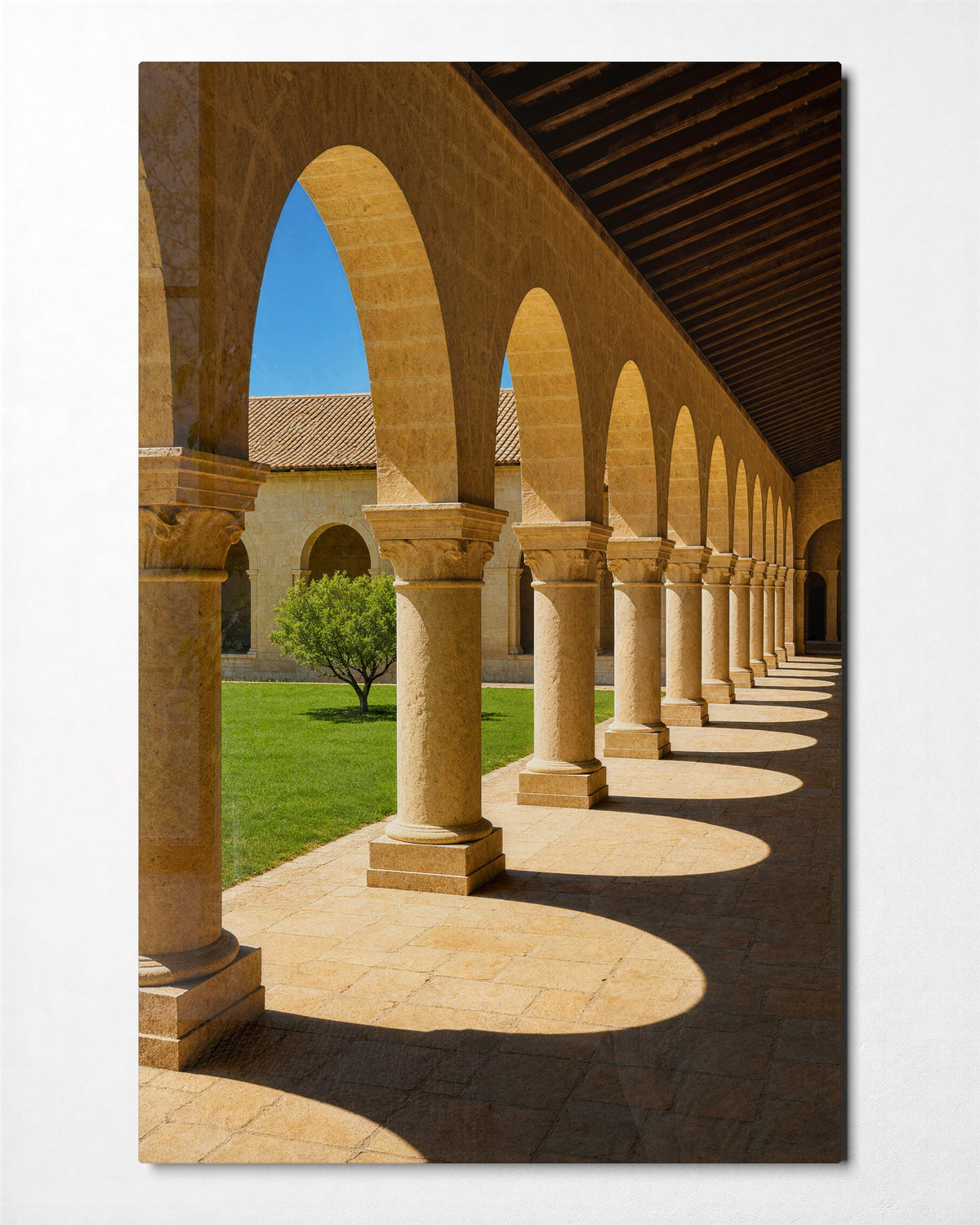 Round Shadows, Warm Walkway glass wall art, front view