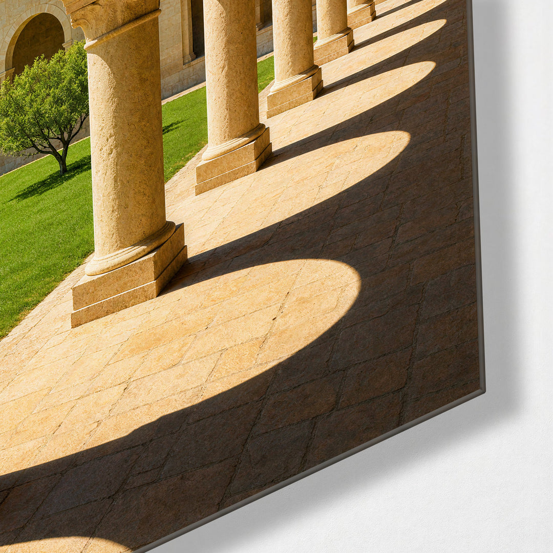 Round Shadows, Warm Walkway glass wall art, corner view