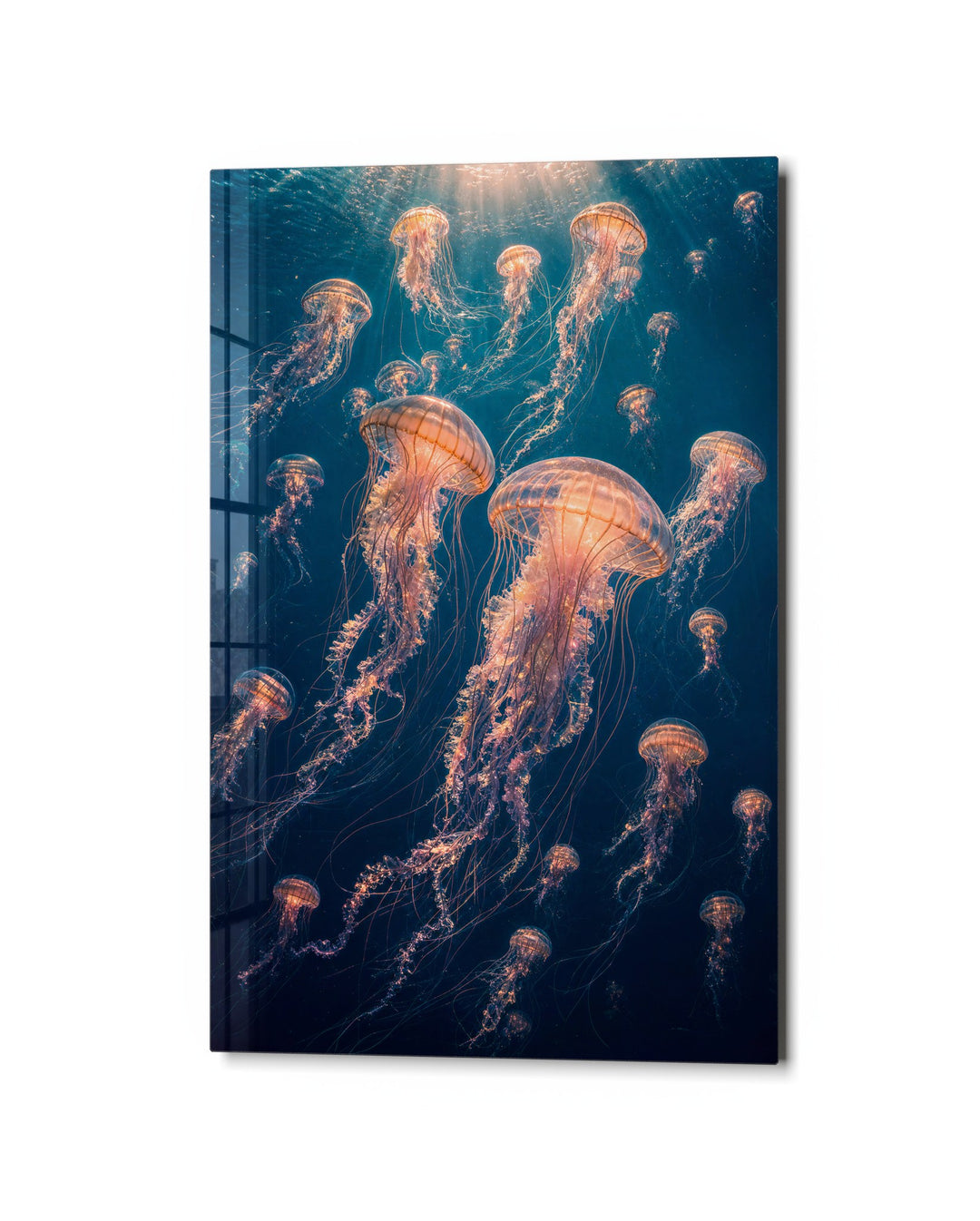 Glow Drifters at Depth glass wall art, studio view