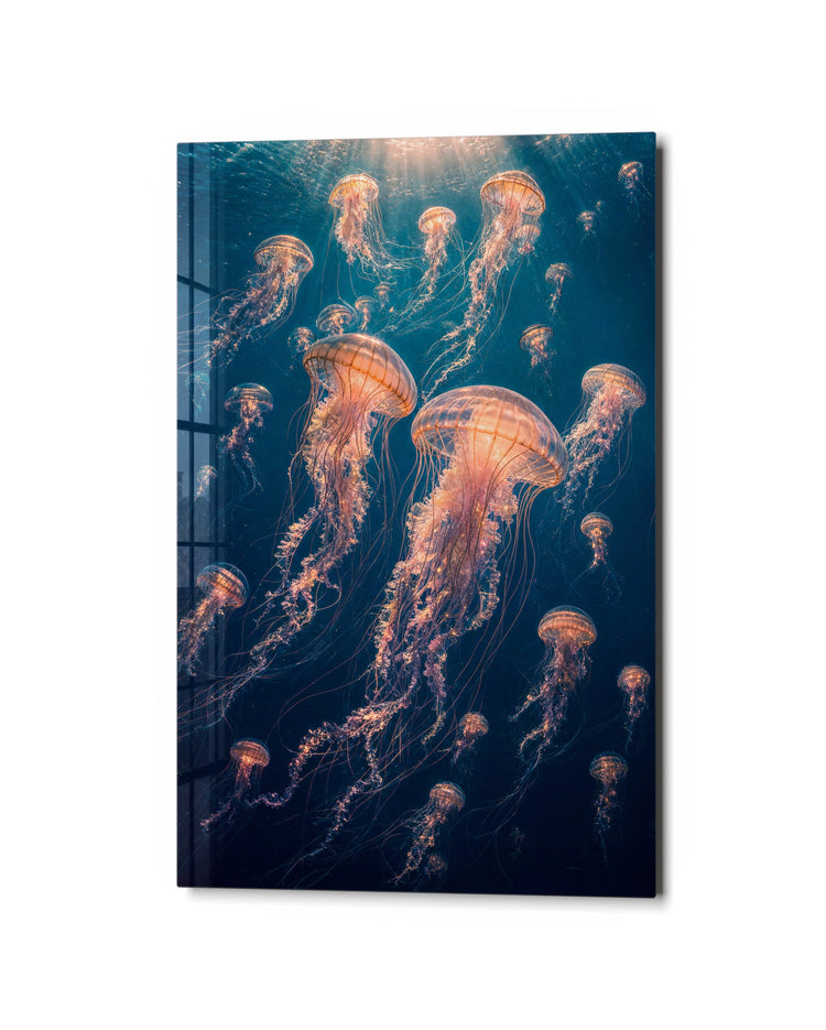 Glow Drifters at Depth glass wall art, studio view