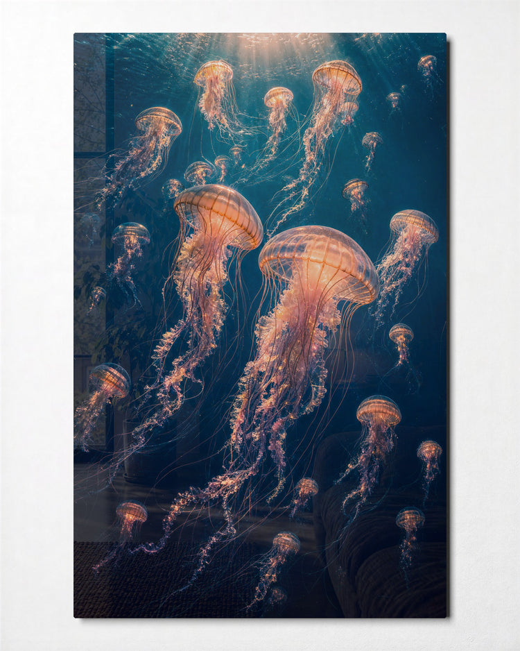 Glow Drifters at Depth glass wall art, front view
