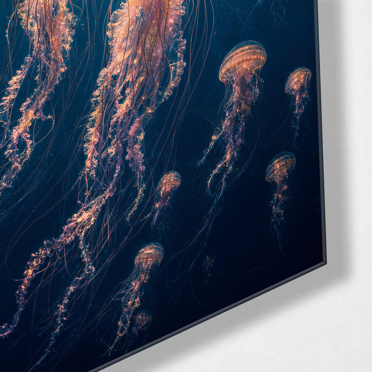Glow Drifters at Depth glass wall art, corner view