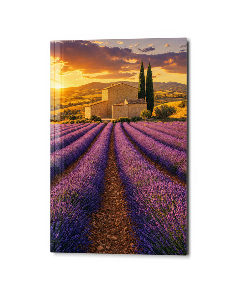Purple Rows to Provence glass wall art, studio view