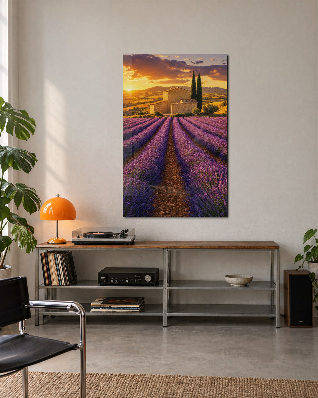 Purple Rows to Provence glass wall art, lifestyle view