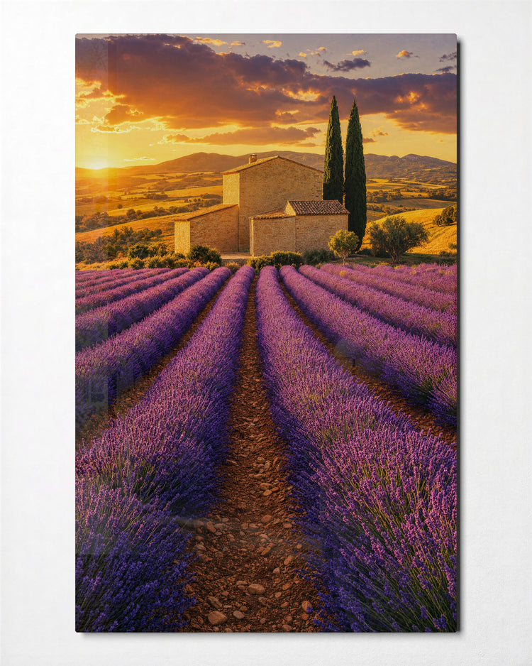 Purple Rows to Provence glass wall art, front view