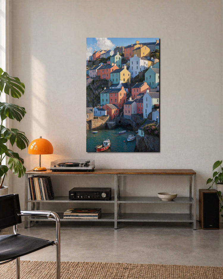 Stacked Hill Town glass wall art, lifestyle view