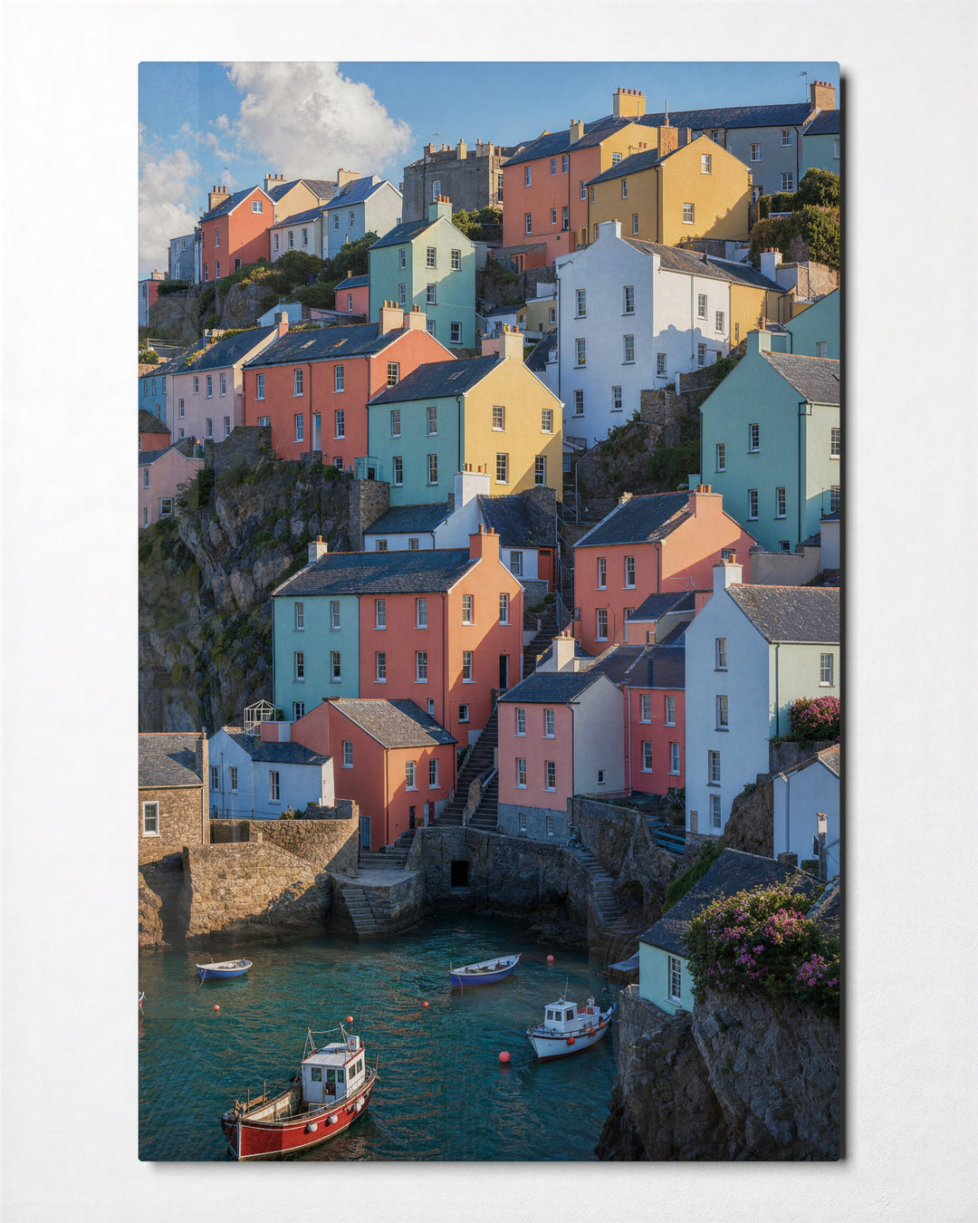 Stacked Hill Town glass wall art, front view