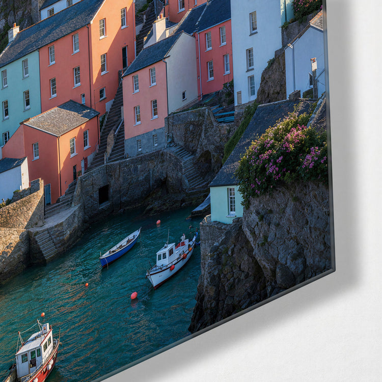 Stacked Hill Town glass wall art, corner view
