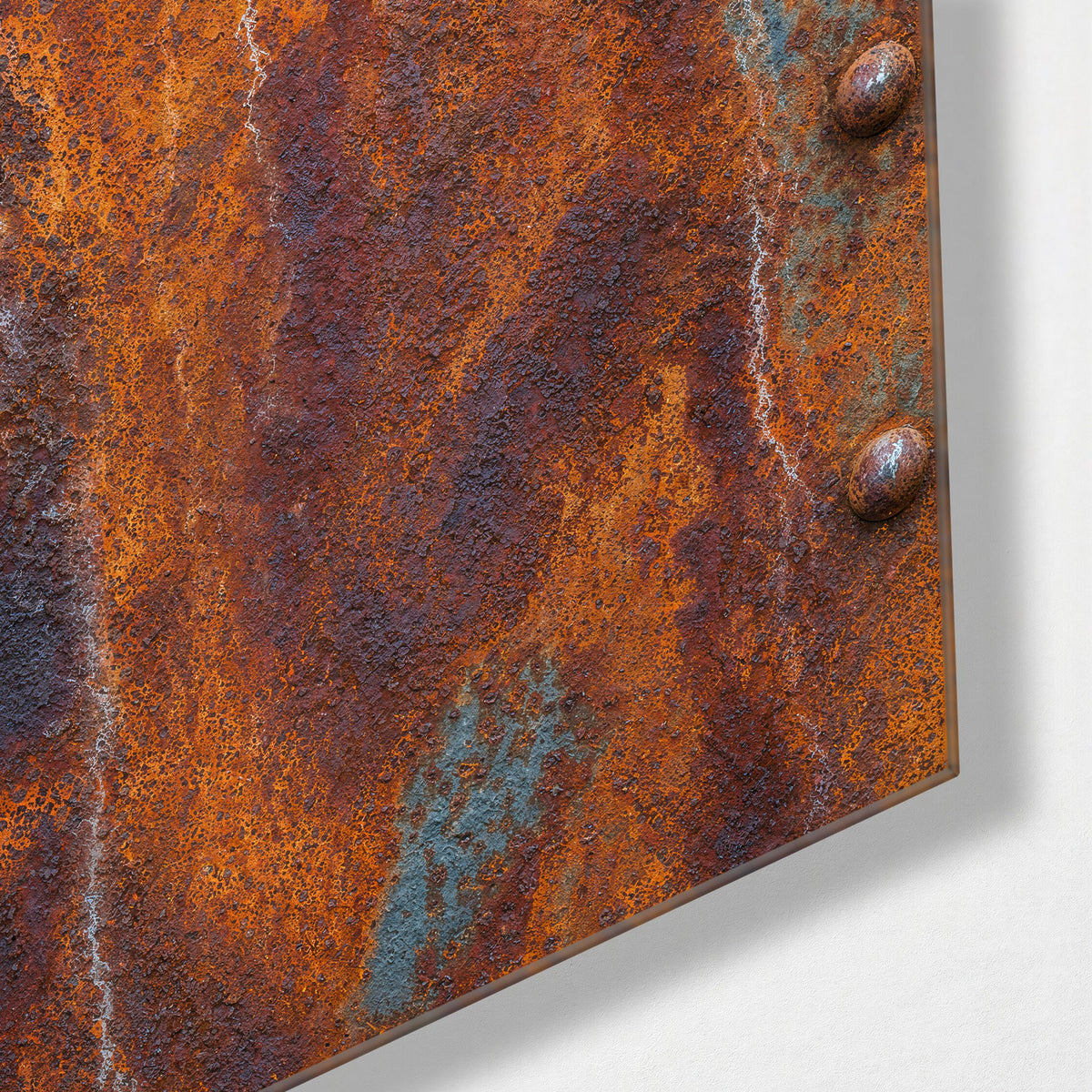 Rust Study glass wall art, corner view
