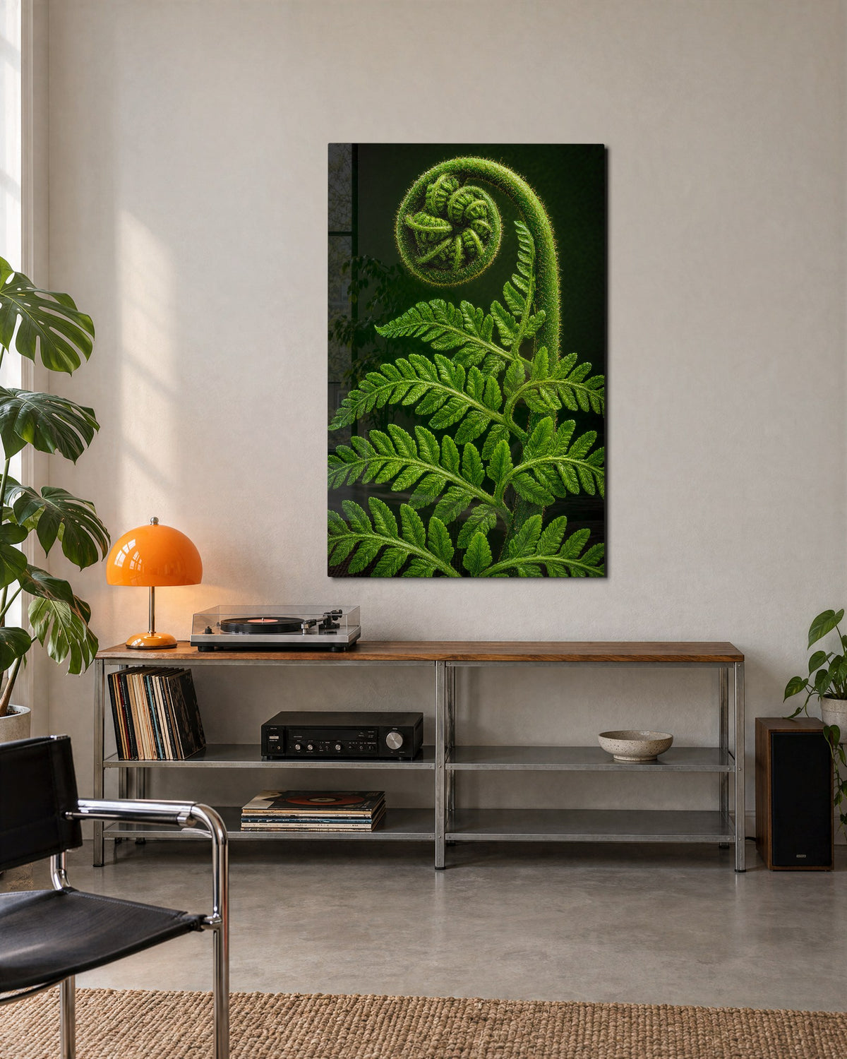 Fiddlehead Mid-Curl glass wall art, lifestyle view