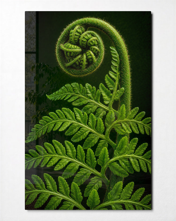 Fiddlehead Mid-Curl glass wall art, front view