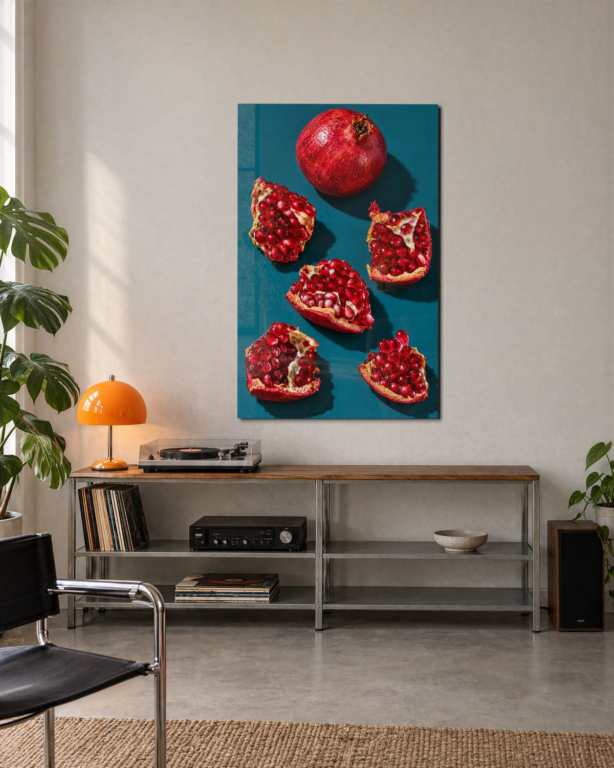 Teal Table, Red Seeds glass wall art, lifestyle view