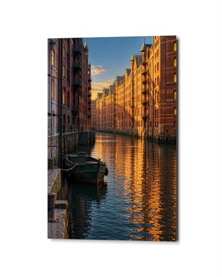 Gold Hour on the Waterway glass wall art, studio view