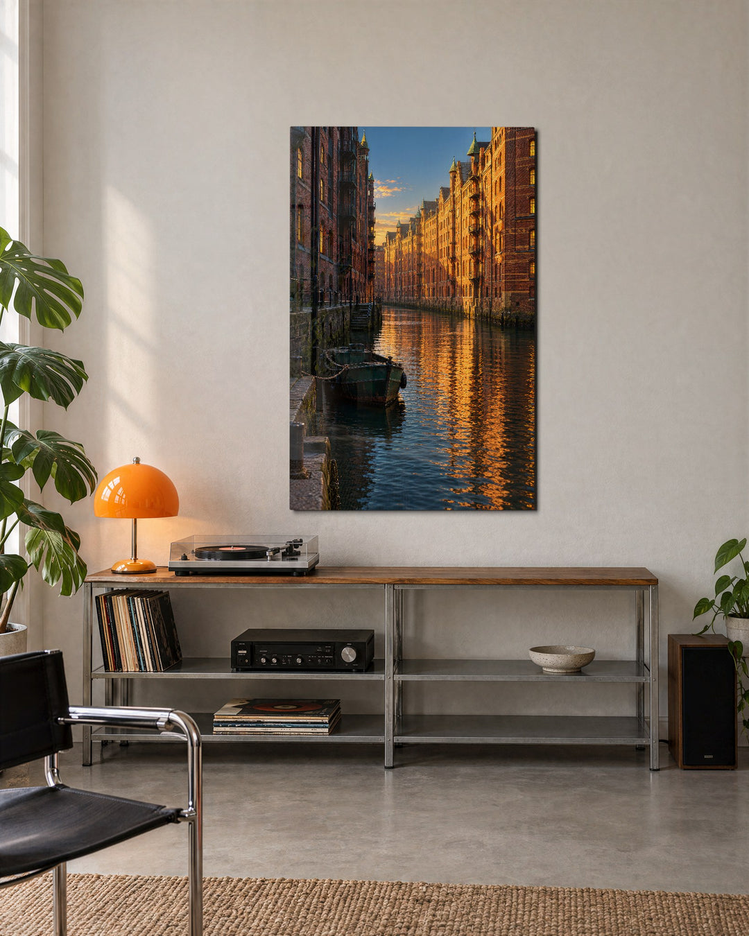 Gold Hour on the Waterway glass wall art, lifestyle view
