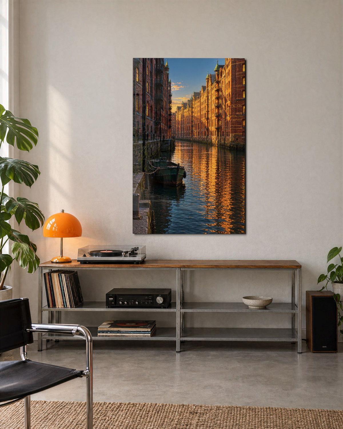 Gold Hour on the Waterway glass wall art, lifestyle view