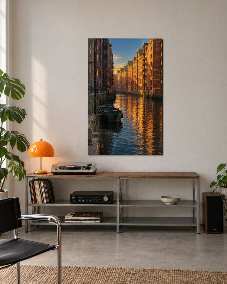 Gold Hour on the Waterway glass wall art, lifestyle view