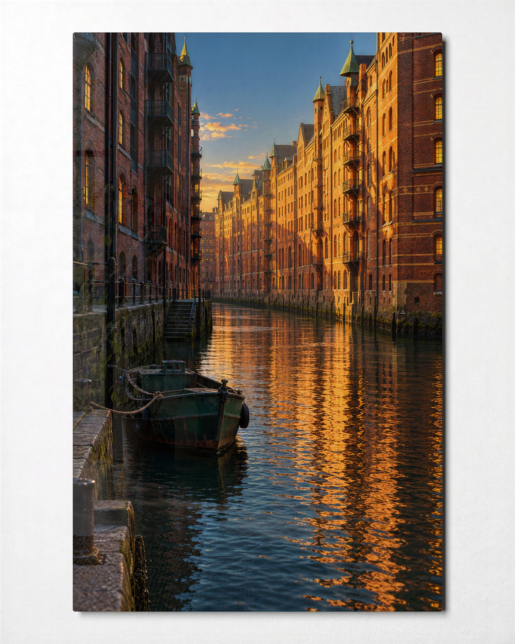 Gold Hour on the Waterway glass wall art, front view
