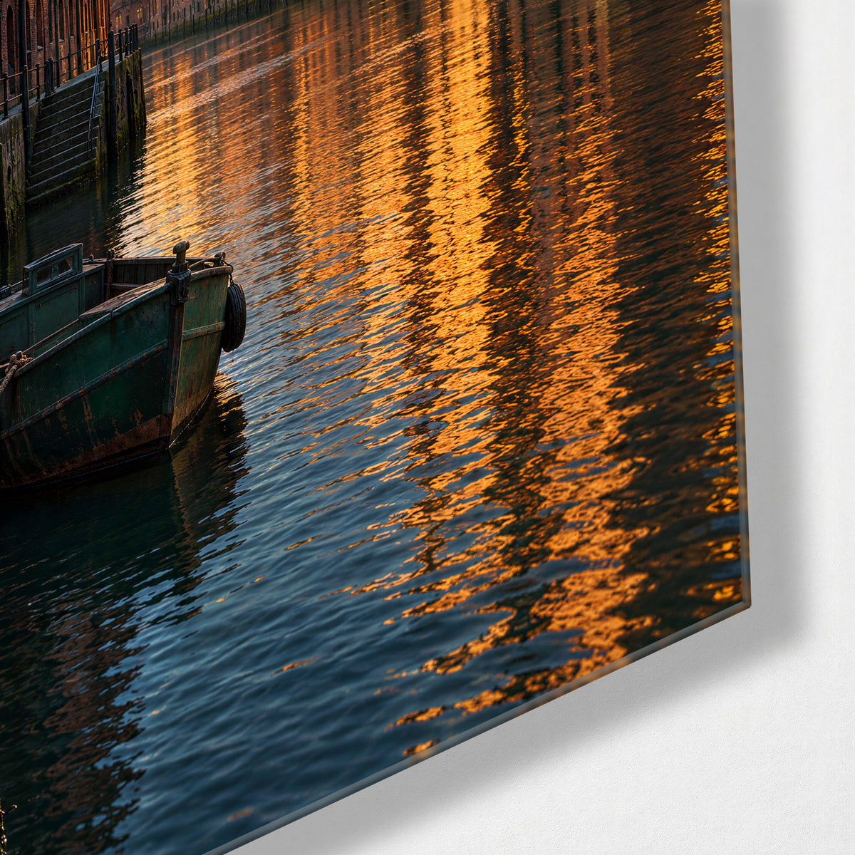 Gold Hour on the Waterway glass wall art, corner view