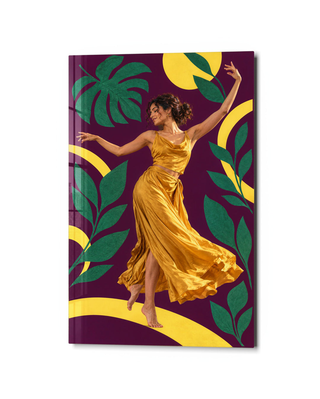 Yellow Dress Waltz glass wall art, studio view