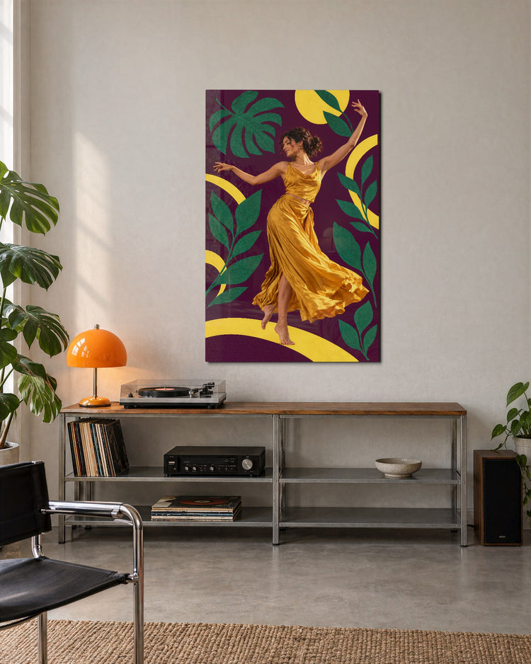 Yellow Dress Waltz glass wall art, lifestyle view