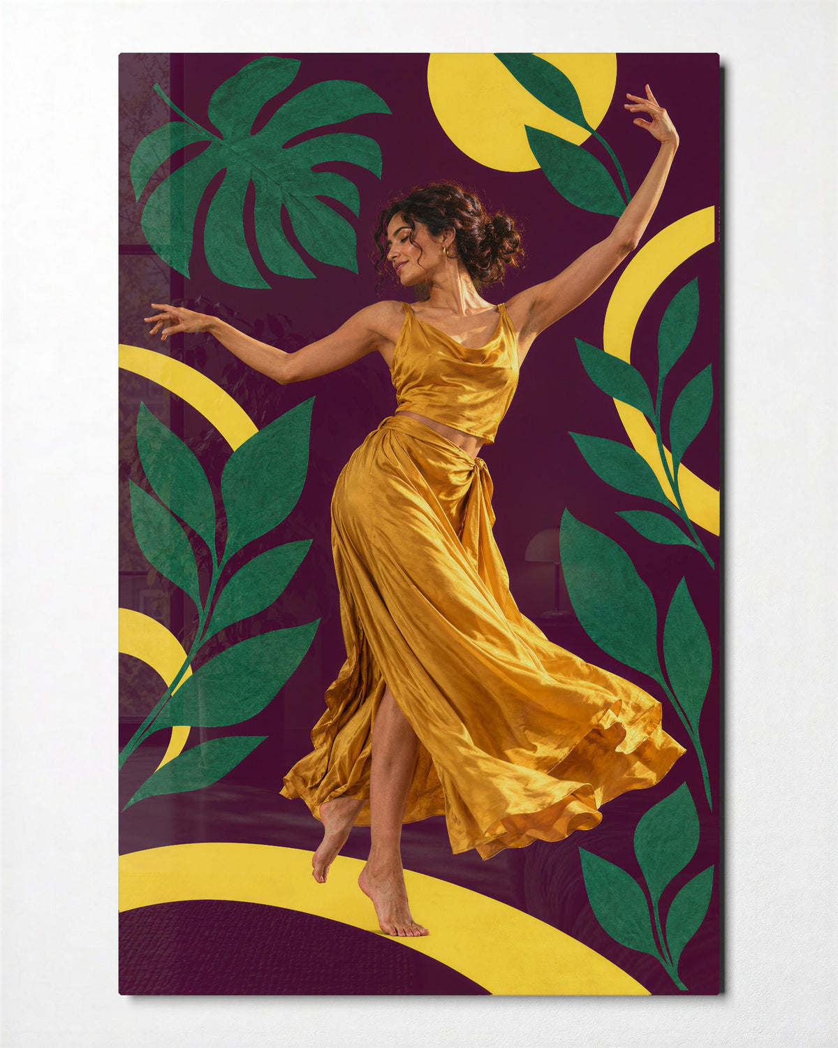 Yellow Dress Waltz glass wall art, front view