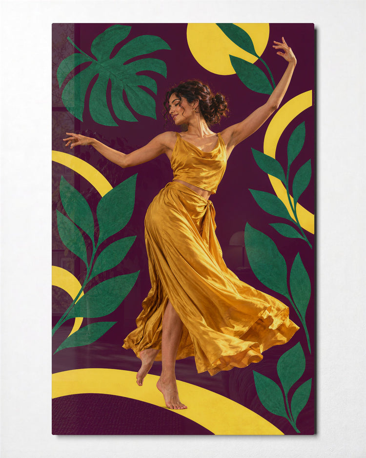 Yellow Dress Waltz glass wall art, front view