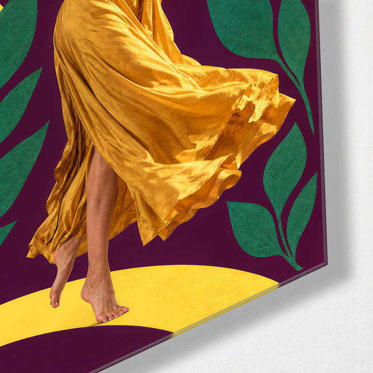 Yellow Dress Waltz glass wall art, corner view