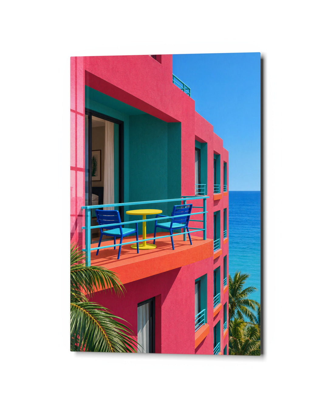 Pink Balcony, Blue Chairs glass wall art, studio view