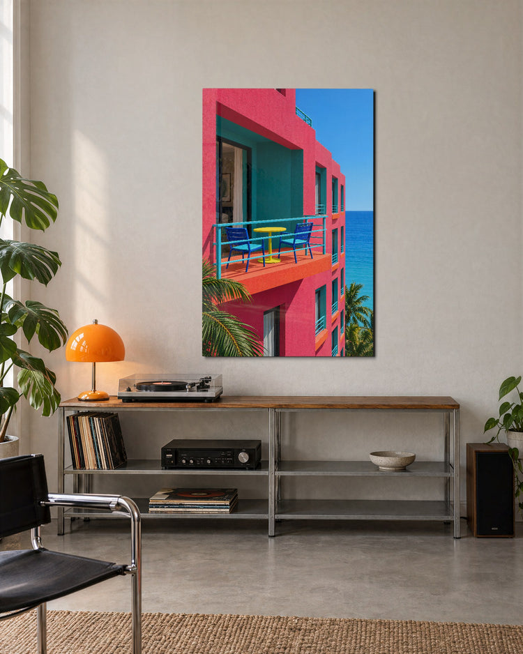 Pink Balcony, Blue Chairs glass wall art, lifestyle view