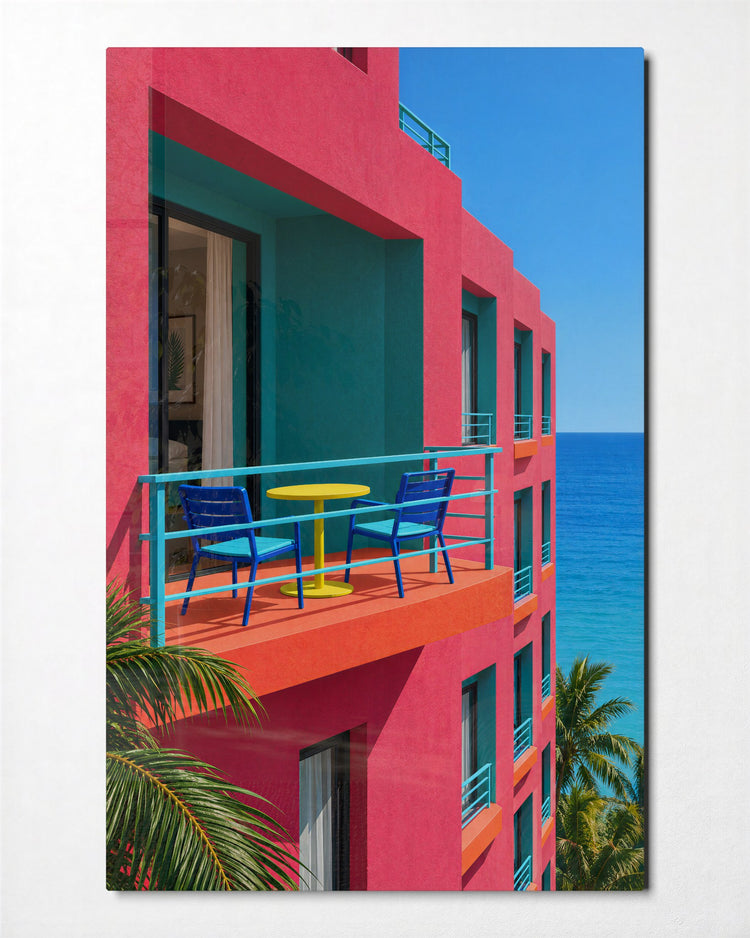 Pink Balcony, Blue Chairs glass wall art, front view