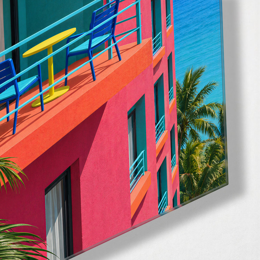 Pink Balcony, Blue Chairs glass wall art, corner view